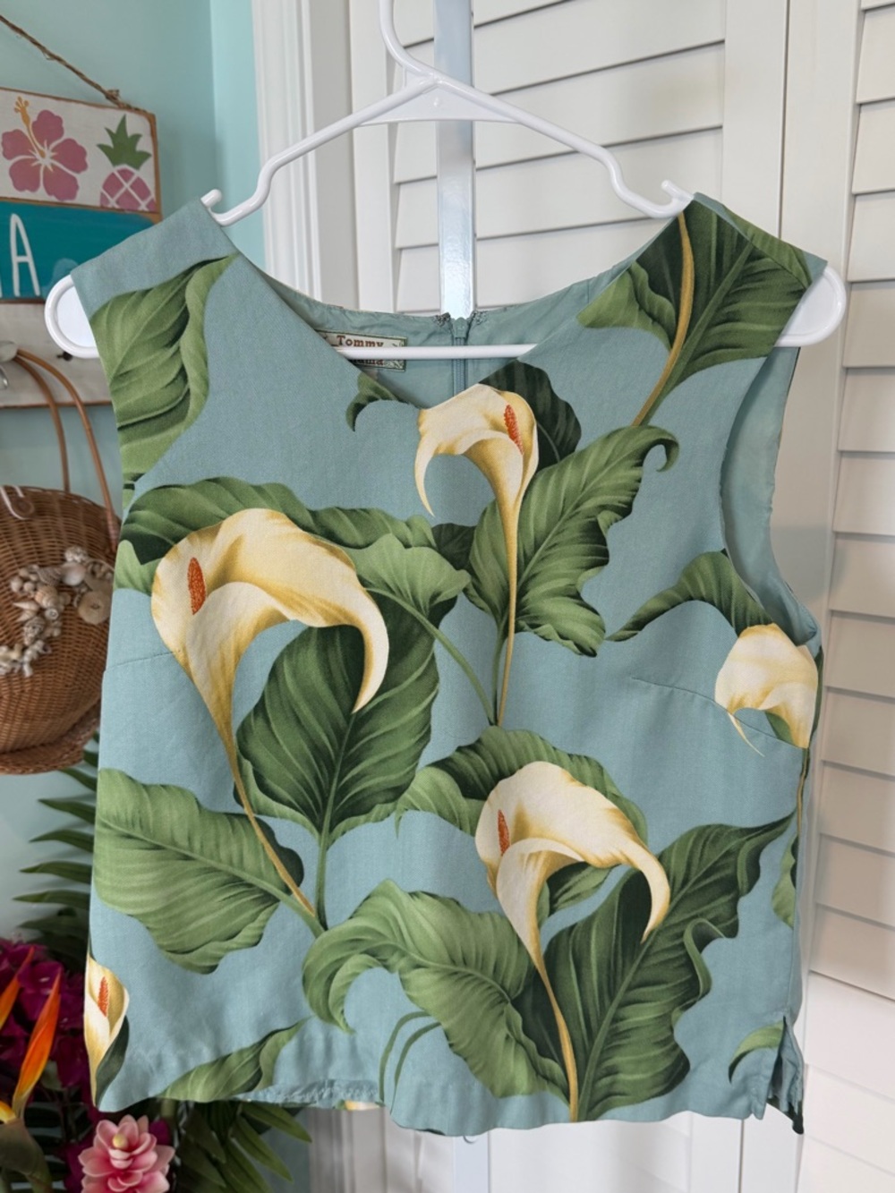 Tommy Bahama Silk Tropical Floral Tank Calla Lily Print Blue Green Size 10